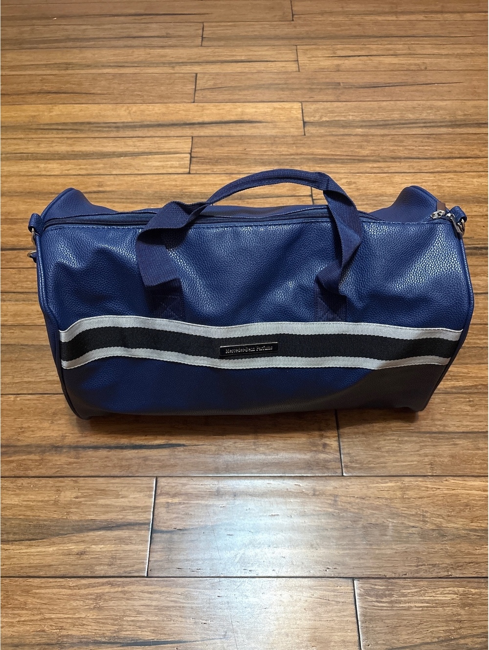 Mercedes Benz Parfums Navy Blue Pebbled Faux Leather Duffle Travel Bag Stripe